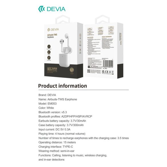 Devia Airbuds TWS Bluetooth 5.2 Headset - Fehér