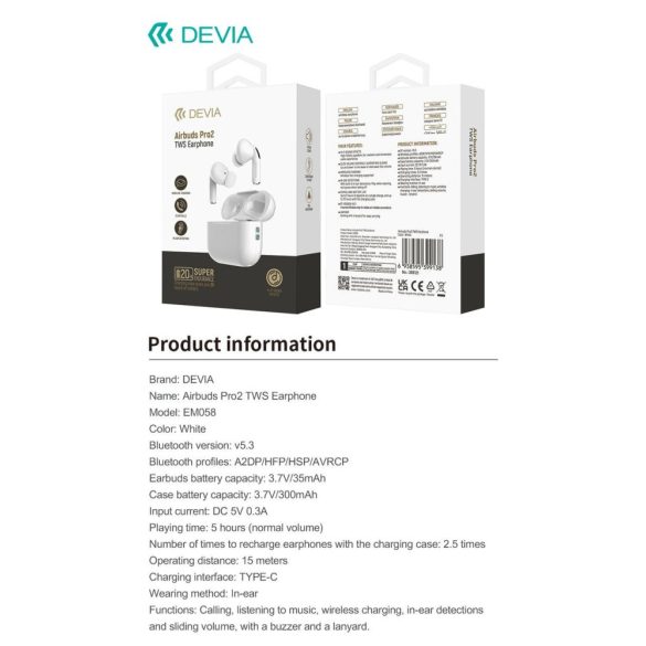 Devia Airbuds Pro2 TWS Bluetooth 5.2 Headset - Fehér