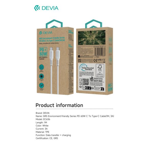 DEVIA EC636 GRS PD 60W USB Type-C 1M Adatkábel - Fehér