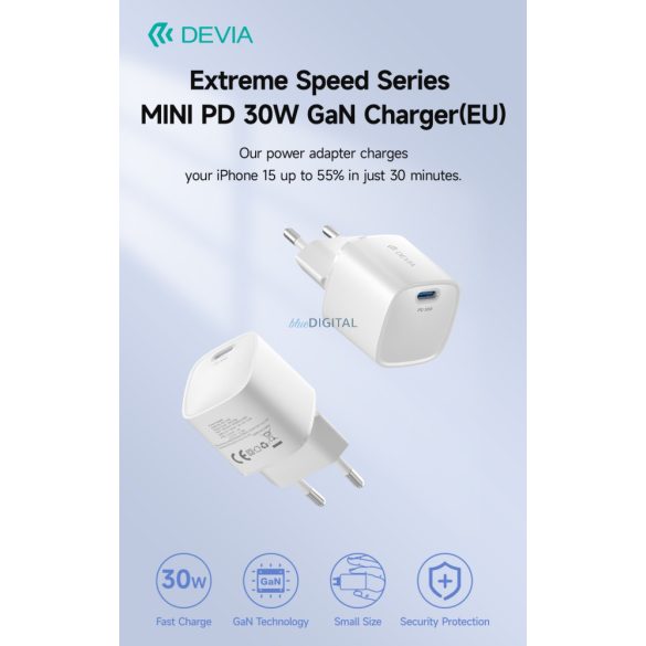 Devia RLC-545 Extrem Speed Mini PD 30W GaN Hálózati Töltőfej - Fehér