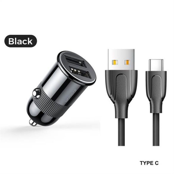 Joyroom C-A06 3.1A 2xUSB Autós Töltőfej + USB Type-C 1M Adatkábel - Fekete