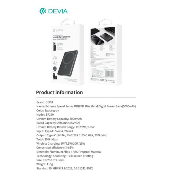 DEVIA EP190 Extreme Speed Metal Digital 5000 mAh PD 20W Magsafe Powerbank - Grafit