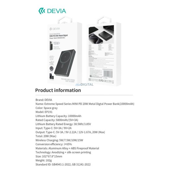 DEVIA EP191 Extreme Speed Metal Digital 10000 mAh PD 25W Magsafe Powerbank - Grafit