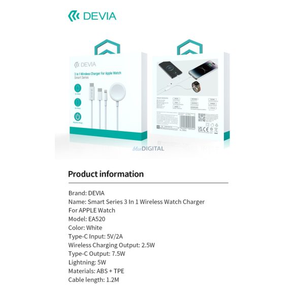 DEVIA EA520 Smart 3in1 Magnetic Wireless Apple iWatch Töltő - Fehér