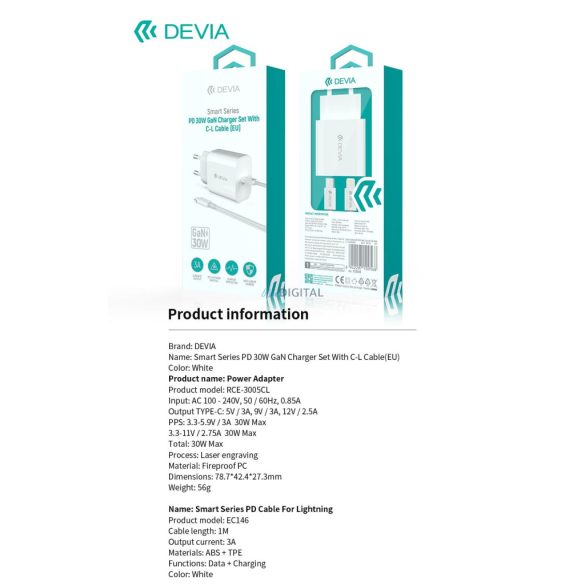 Devia RCE-3005CL Smart PD 30W GaN Hálózati Töltőfej + Lightning PD Kábel- Fehér