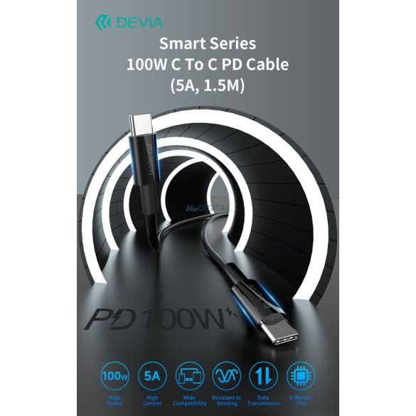 DEVIA EC317 Smart PD 100W USB Type-C 1.5M Adatkábel - Fekete