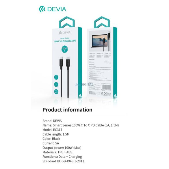 DEVIA EC317 Smart PD 100W USB Type-C 1.5M Adatkábel - Fekete