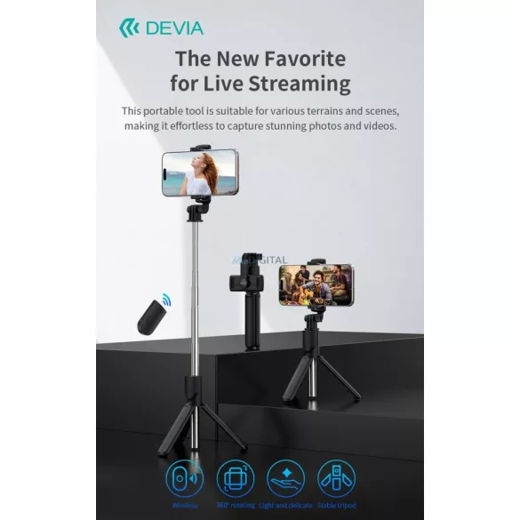 Devia ES083 Kintone Tripod Stand Multifunkciós Wireless Selfie Bot - Fekete