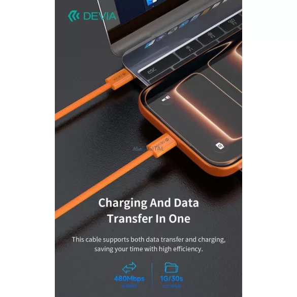 DEVIA EC325 Smart PD 60W USB Type-C 1M Adatkábel - Narancssárga
