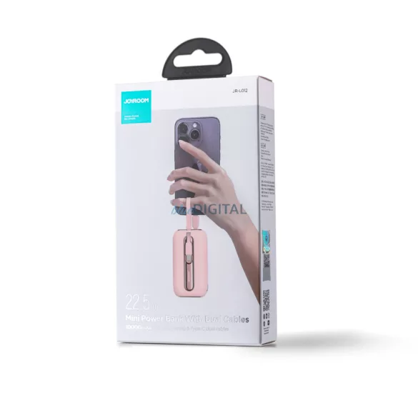 Joyroom JR-L012 10000mAh 22.5W beépített Type-C/Lightning kábeles Powerbank - Rózsaszín