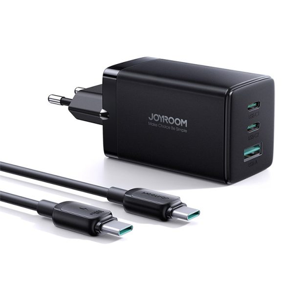 Joyroom TCG01 2xPD+QC 3.0 65W GaN Hálózati Töltőfej + 1M USB Type-C 100W PD Töltőkábel - Fekete