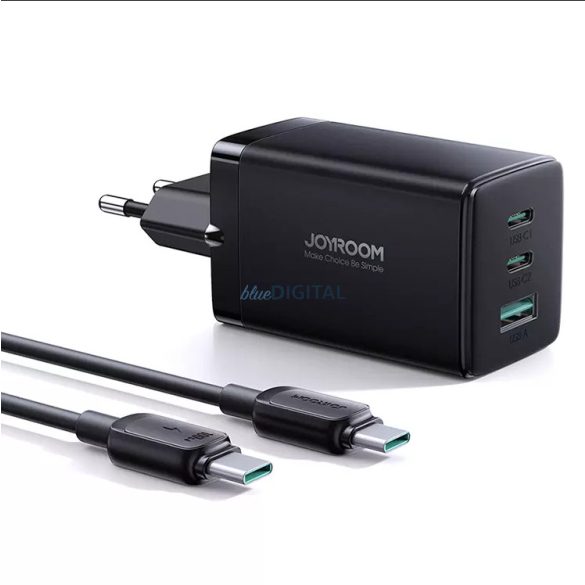 Joyroom TCG01 2xPD+QC 3.0 65W GaN Hálózati Töltőfej + 1M USB Type-C 100W PD Töltőkábel - Fekete