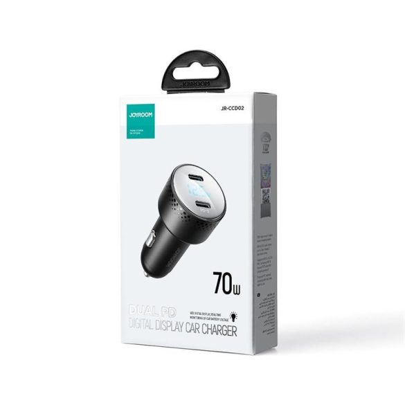 Joyroom JR-CCD02 70W 2xPD Digitális Kijelzős Autós Töltőfej - Fekete