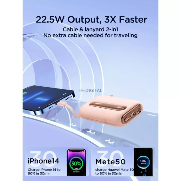 Joyroom JR-L012 Plus 20000mAh 22.5W beépített Type-C/Lightning kábeles Powerbank - Lila
