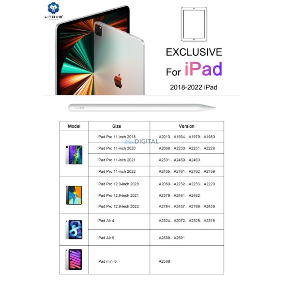 Lito K1 Wireless Kapacitív Ceruza (aktív) iPad-hoz (2018-2023) - Fehér