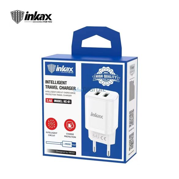 INKAX HC-01 2.4A Hálózati Töltőfej + Micro USB 1M Adatkábel - Fehér