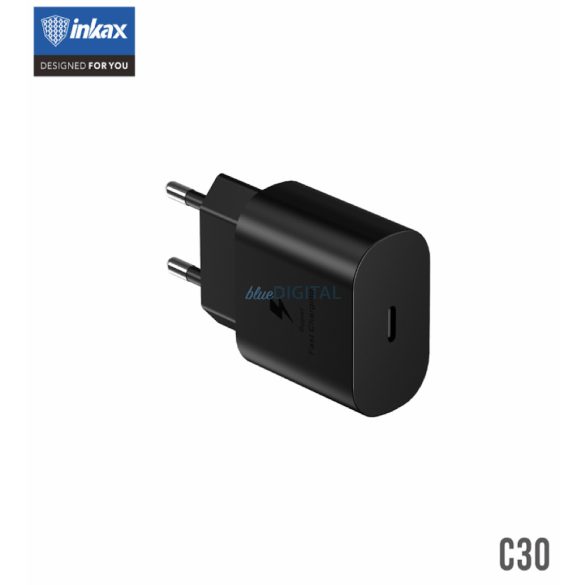 INKAX C30 PD 25W PD Hálózati Töltőfej + 1M PD USB Type-C Töltőkábel - Fekete