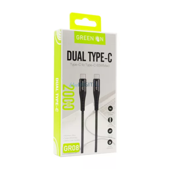 Green On GR08 PD 60W USB Type-C 2M Adatkábel - Fekete