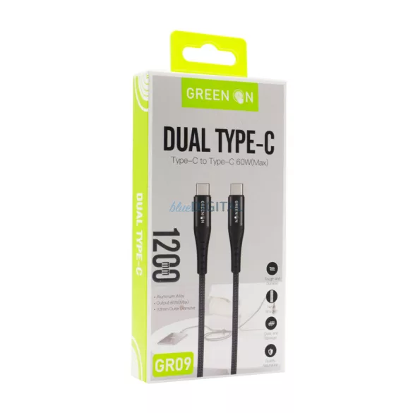 Green On GR09 PD 60W USB Type-C 1.2M Adatkábel - Fekete