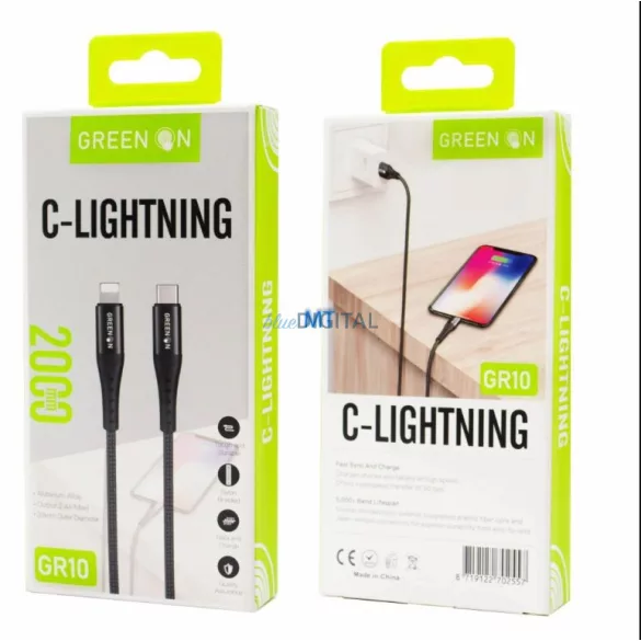 Green On GR10 PD 60W USB Lightning PD 2M Adatkábel - Fekete