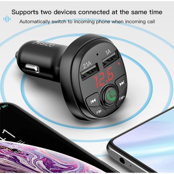 YESIDO Bluetooth FM-transmitter/szivargyújtó töltő - 2xUSB + MP3 + Flash/TF/microSD kártyaolvasó - YESIDO Y36 - fekete