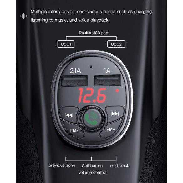 YESIDO Bluetooth FM-transmitter/szivargyújtó töltő - 2xUSB + MP3 + Flash/TF/microSD kártyaolvasó - YESIDO Y36 - fekete