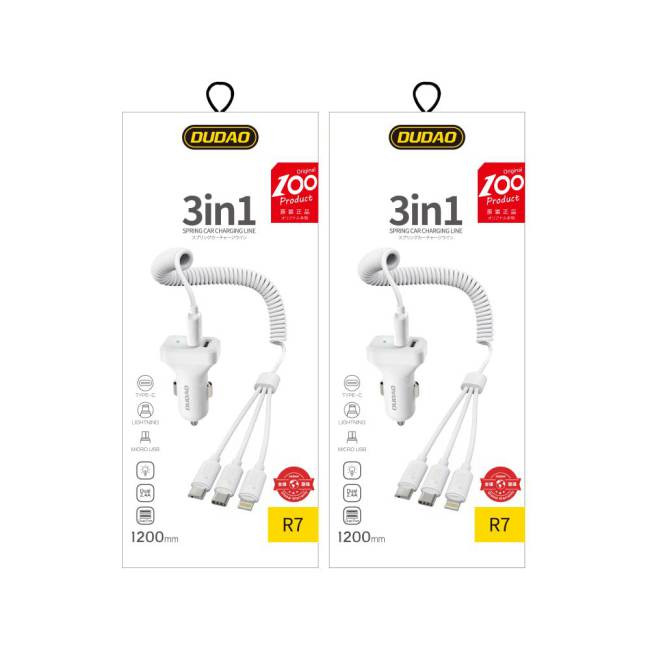 Dudao autós szett 2x USB 2.4a töltő + 3in1 Lightning / Type-C USB-C / micro USB kábel fehér (R7 fehér) Dudao autós szett 2x USB 2.4a töltő + 3in1 Lightning / Type-C USB-C / micro USB kábel fehér (R7 fehér)