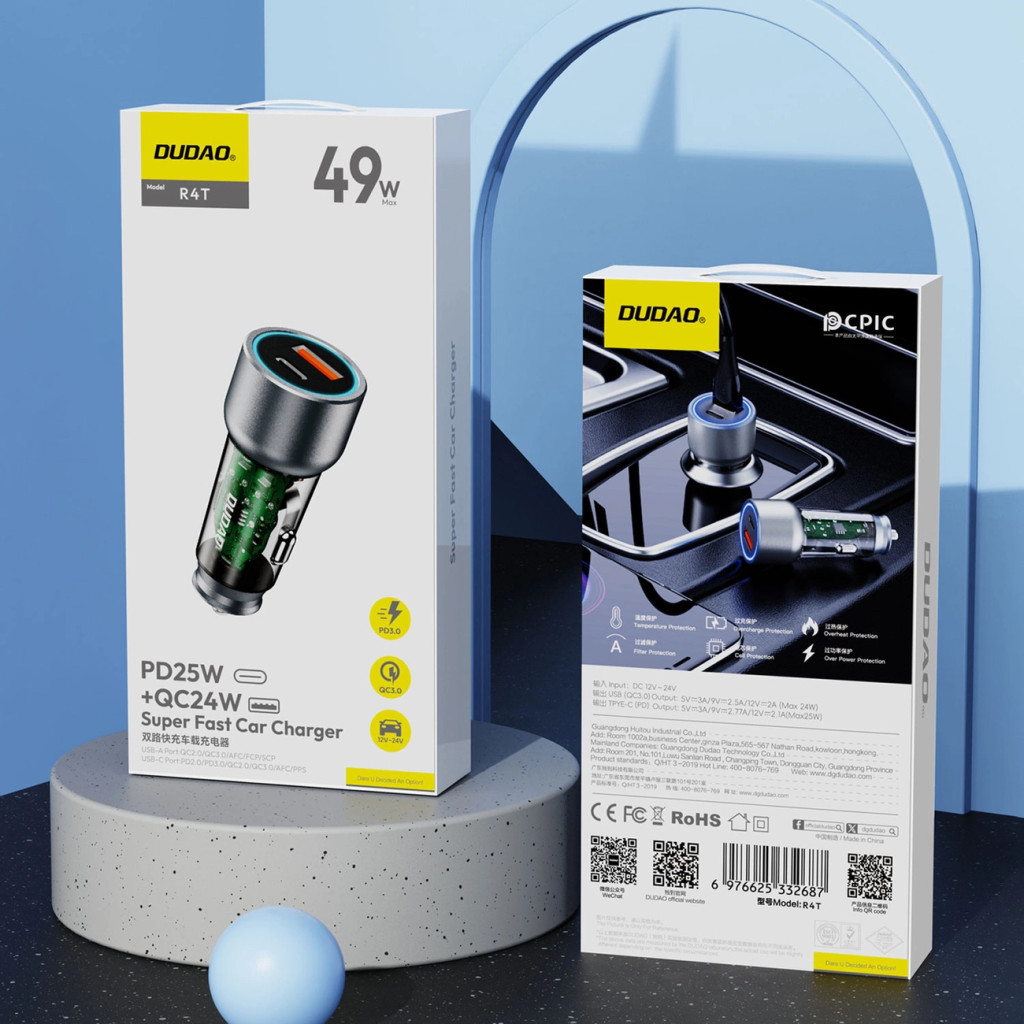 Dudao R4T autós töltő 1xUSB-A és 1xUSB-C csatlakozással 30W - szürke Dudao R4T autós töltő 1xUSB-A és 1xUSB-C csatlakozással 30W - szürke