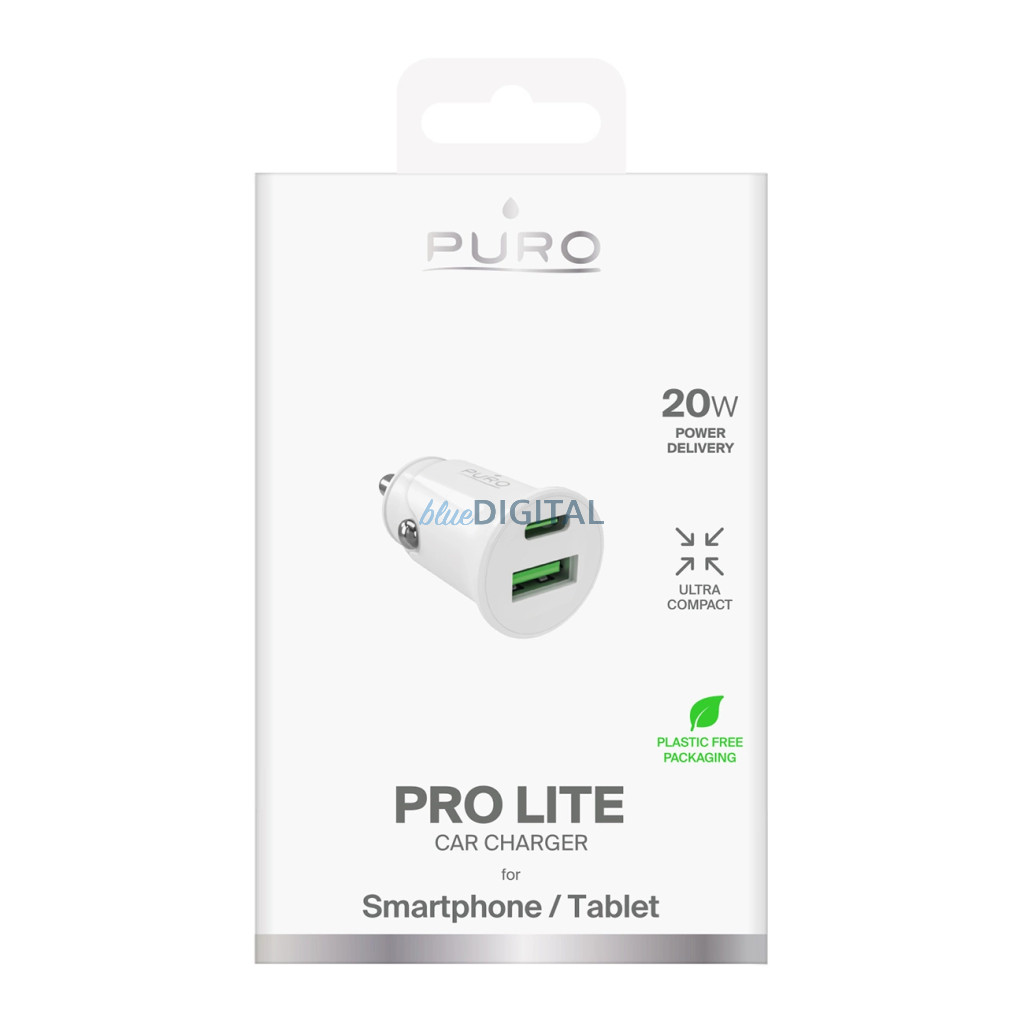 Puro Pro Lite autós töltő 1x USB-A + 1x USB-C Power Delivery 20W - Fehér színben