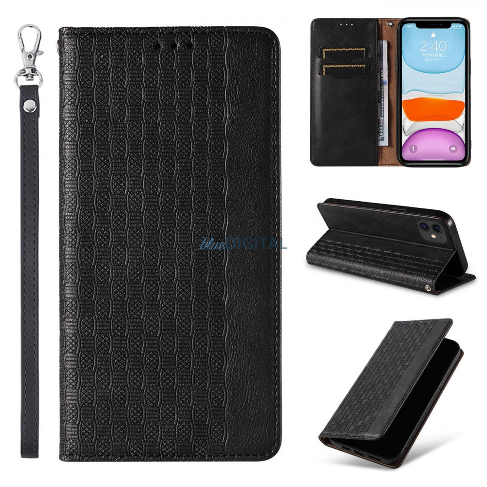 Mágneses pántos tok iPhone 12 tok pénztárca + mini nyaklánc medál fekete Mágneses pántos tok iPhone 12 tok pénztárca + mini nyaklánc medál fekete