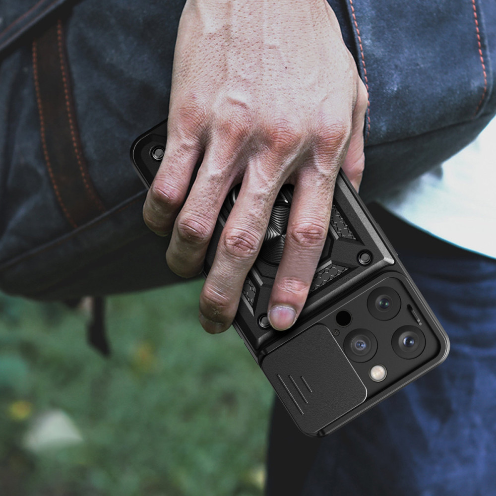 Hybrid Armor Camshield iPhone 15 Pro tok elrugaszkodó állvánnyal és kameravédővel - Kék