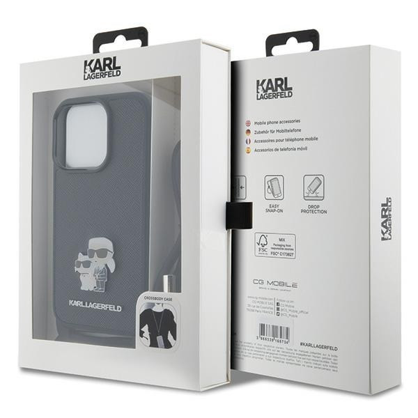 Karl Lagerfeld KLHCP15LSAKCPSK iPhone 15 Pro 6.1" keménytok fekete Crossbody Saffiano Metal Pin Karl & Choupette