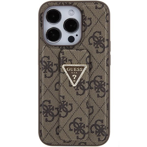 Guess GUHCP15LPGS4TDW iPhone 15 Pro 6.1" barna keménytok Grip Stand 4G Triangle Strass Guess GUHCP15LPGS4TDW iPhone 15 Pro 6.1" barna keménytok Grip Stand 4G Triangle Strass