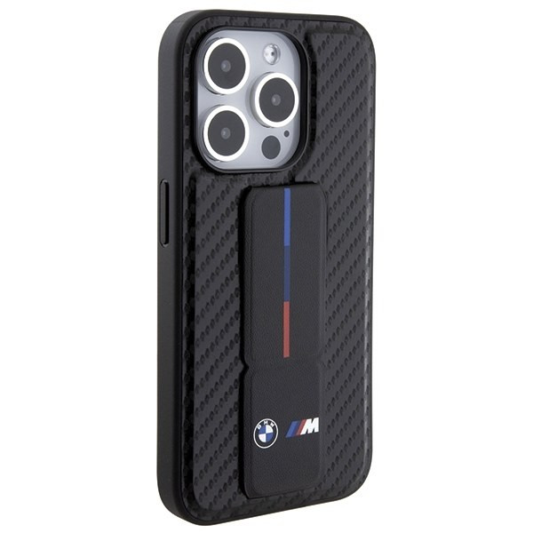 BMW BMHCP15LGSPCCK iPhone 15 Pro 6.1" fekete keménytok Grip Stand Smooth & Carbon