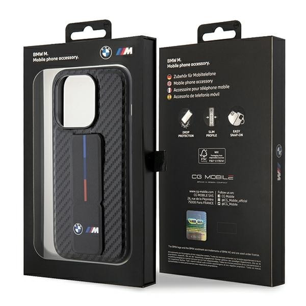 BMW BMHCP15LGSPCCK iPhone 15 Pro 6.1" fekete keménytok Grip Stand Smooth & Carbon
