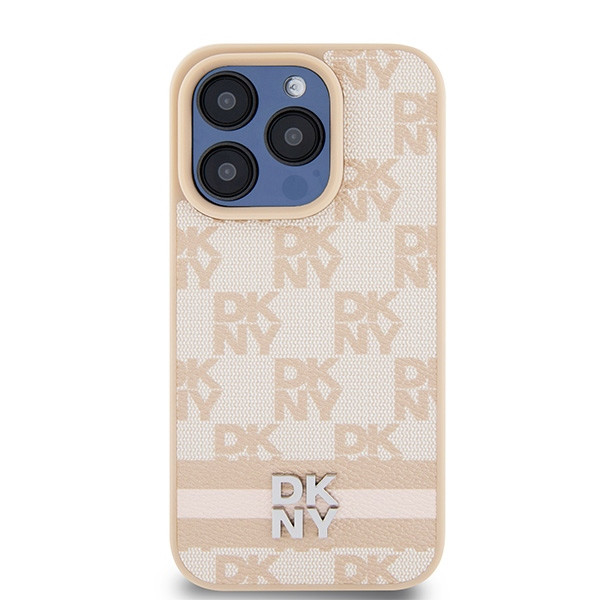 DKNY DKHCP15LPCPTSSP Leather Checkered Mono Pattern & Printed Stripes tok iPhone 15 Pro - rózsaszín
