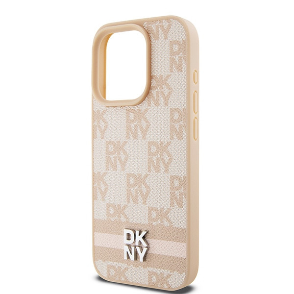 DKNY DKHCP15LPCPTSSP Leather Checkered Mono Pattern & Printed Stripes tok iPhone 15 Pro - rózsaszín