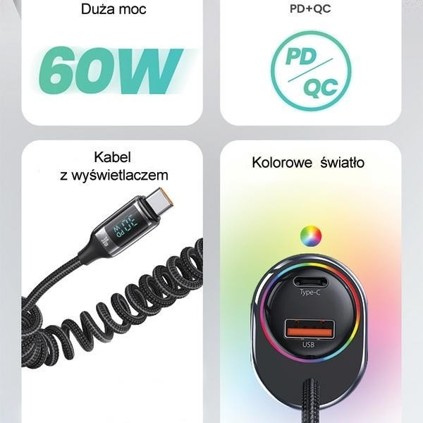 USAMS Ład. sam. C37 1xUSB+1xUSB-C 60W + kabel USB-C 30W PD+QC szybkie ładowanie czarny CC192CC01 (US-CC192) USAMS Ład. sam. C37 1xUSB+1xUSB-C 60W + kabel USB-C 30W PD+QC szybkie ładowanie czarny CC192CC01 (US-CC192)