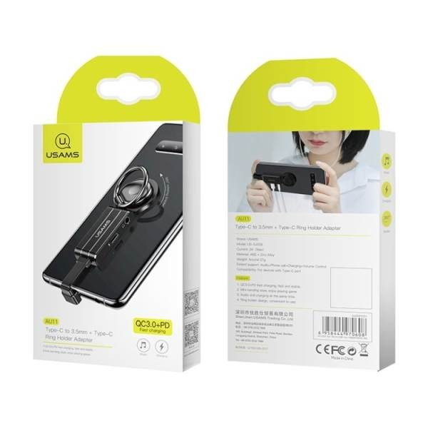 USAMS adapter AU11 2 az 1-ben USB-C - 3,5mm +USB-C + gyűrűs tartó fekete USAMS adapter AU11 2 az 1-ben USB-C - 3,5mm +USB-C + gyűrűs tartó fekete