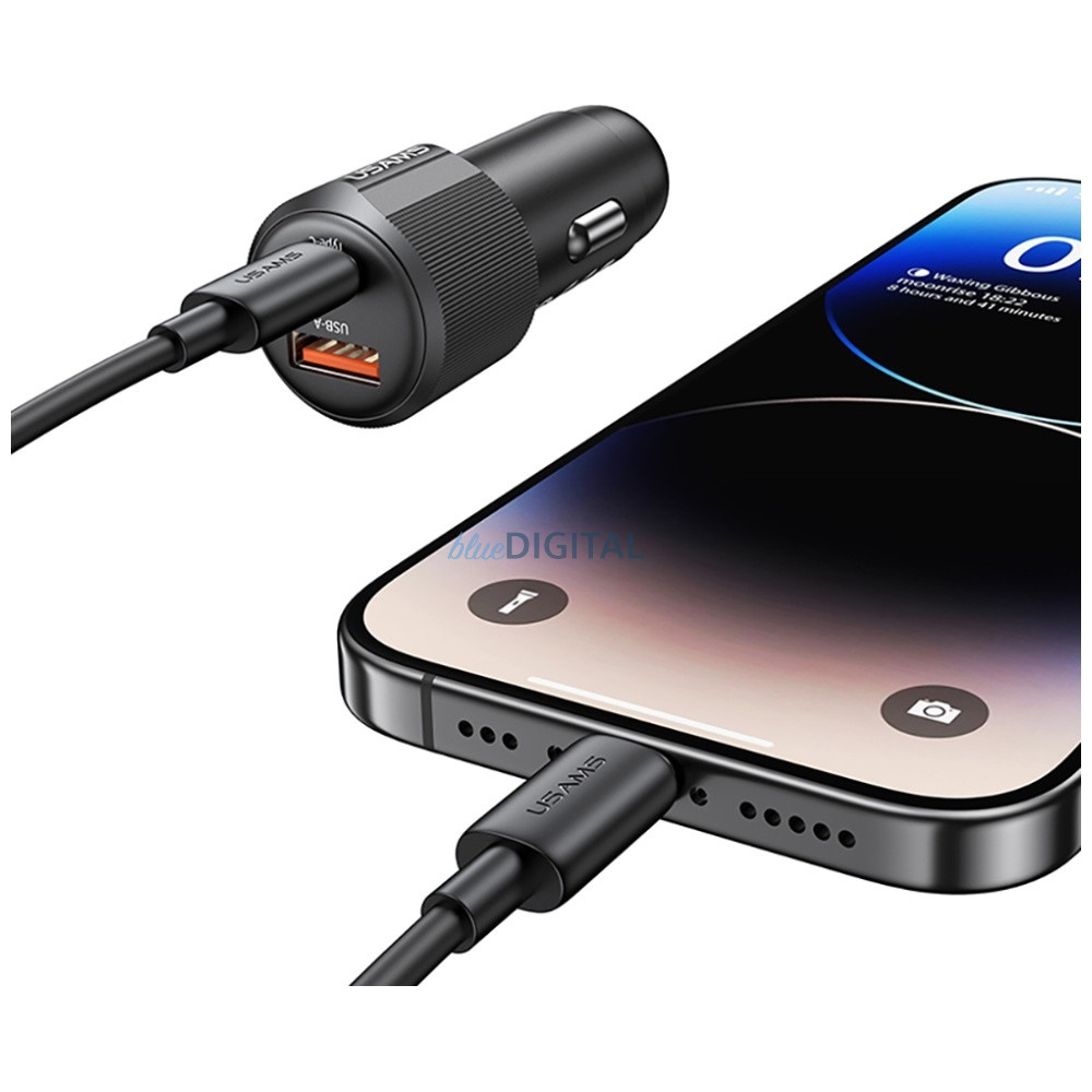 Autótöltő USAMS YT sorozat CC283 60W 1xUSB-A 1xUSB-C fekete