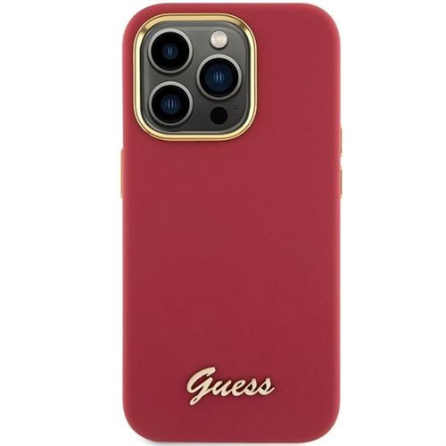Guess GUHCP15LSMBSLM Silicone Script Metal Logo & Frame tok iPhone 15 Pro - piros