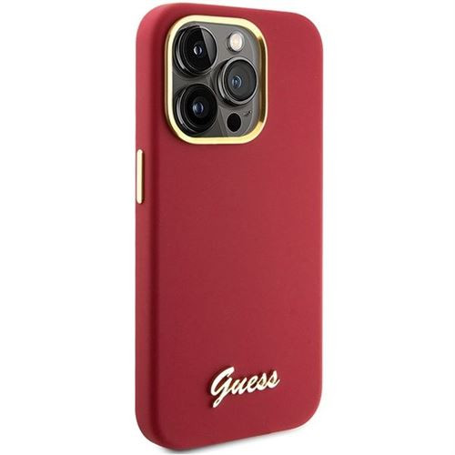 Guess GUHCP15LSMBSLM Silicone Script Metal Logo & Frame tok iPhone 15 Pro - piros