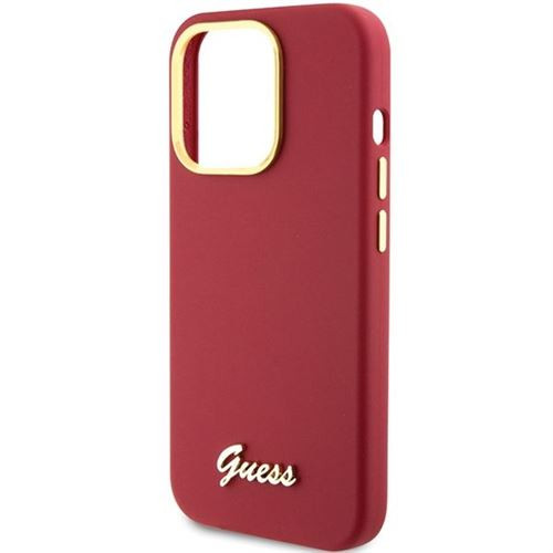 Guess GUHCP15LSMBSLM Silicone Script Metal Logo & Frame tok iPhone 15 Pro - piros