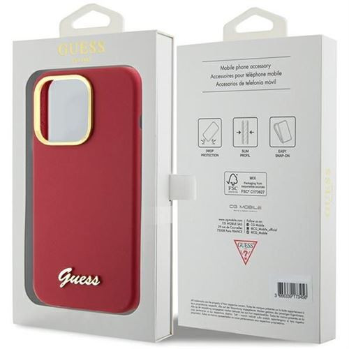 Guess GUHCP15LSMBSLM Silicone Script Metal Logo & Frame tok iPhone 15 Pro - piros