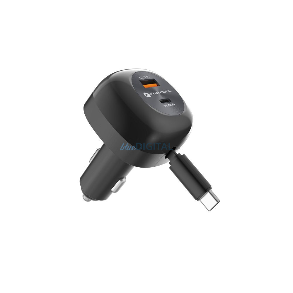 FORCELL F-ENERGY Alu autós töltő visszahúzható kábellel C típusú és C típusú + USB-A aljzat PD QC4.0 SFC2.0 3A 75W fekete FORCELL F-ENERGY Alu autós töltő visszahúzható kábellel C típusú és C típusú + USB-A aljzat PD QC4.0 SFC2.0 3A 75W fekete