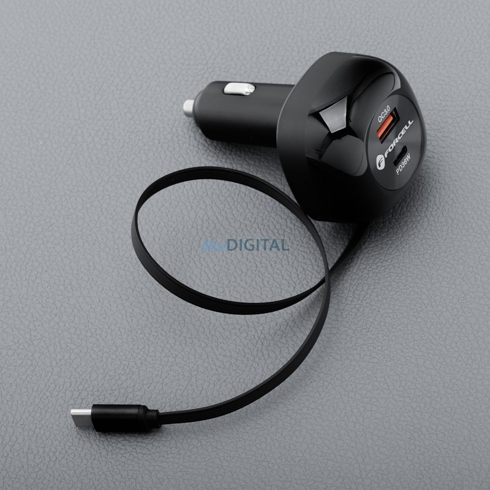 FORCELL F-ENERGY Alu autós töltő visszahúzható kábellel C típusú és C típusú + USB-A aljzat PD QC4.0 SFC2.0 3A 75W fekete FORCELL F-ENERGY Alu autós töltő visszahúzható kábellel C típusú és C típusú + USB-A aljzat PD QC4.0 SFC2.0 3A 75W fekete