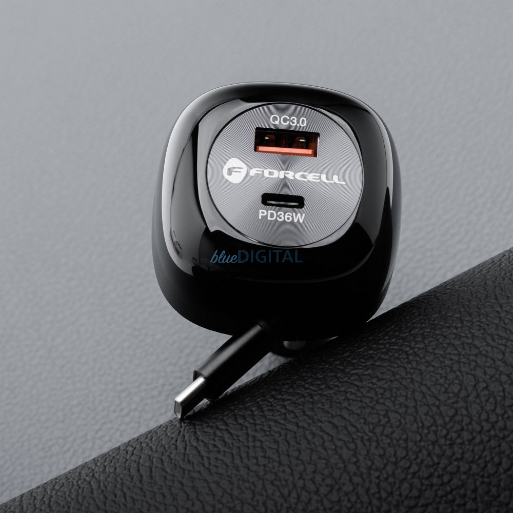 FORCELL F-ENERGY Alu autós töltő visszahúzható kábellel C típusú és C típusú + USB-A aljzat PD QC4.0 SFC2.0 3A 75W fekete FORCELL F-ENERGY Alu autós töltő visszahúzható kábellel C típusú és C típusú + USB-A aljzat PD QC4.0 SFC2.0 3A 75W fekete