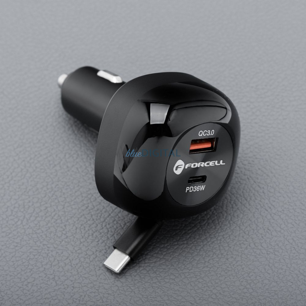 FORCELL F-ENERGY Alu autós töltő visszahúzható kábellel C típusú és C típusú + USB-A aljzat PD QC4.0 SFC2.0 3A 75W fekete FORCELL F-ENERGY Alu autós töltő visszahúzható kábellel C típusú és C típusú + USB-A aljzat PD QC4.0 SFC2.0 3A 75W fekete