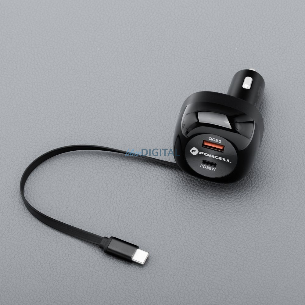 FORCELL F-ENERGY Alu autós töltő visszahúzható kábellel C típusú és C típusú + USB-A aljzat PD QC4.0 SFC2.0 3A 75W fekete FORCELL F-ENERGY Alu autós töltő visszahúzható kábellel C típusú és C típusú + USB-A aljzat PD QC4.0 SFC2.0 3A 75W fekete