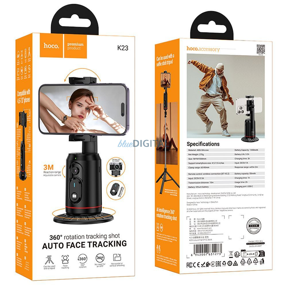Hoco K23 telefontartó 360 fokos automata arckövetéssel - fekete Hoco K23 telefontartó 360 fokos automata arckövetéssel - fekete